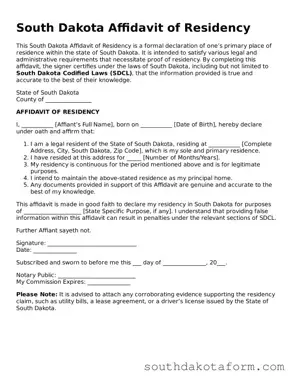 Blank Affidavit of Residency Form for the State of South Dakota