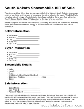 Blank Snowmobile Bill of Sale Form for the State of South Dakota