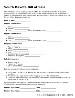 Blank Bill of Sale Form for the State of South Dakota
