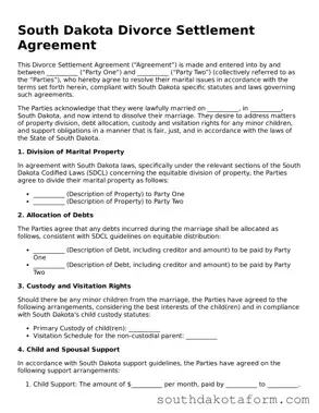Blank Divorce Settlement Agreement Form for the State of South Dakota