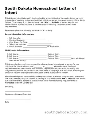 Blank Homeschool Letter of Intent Form for the State of South Dakota