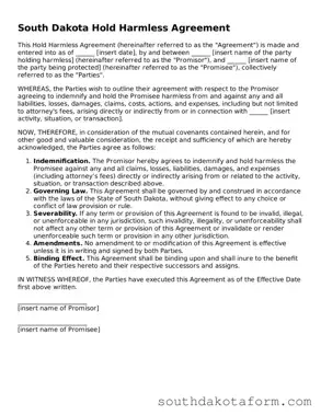Blank Hold Harmless Agreement Form for the State of South Dakota