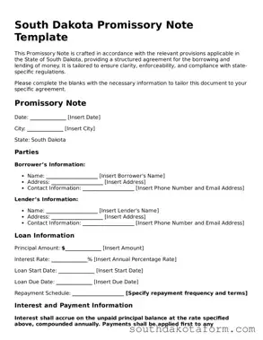 Blank Promissory Note Form for the State of South Dakota