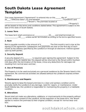 Blank Lease Agreement Form for the State of South Dakota