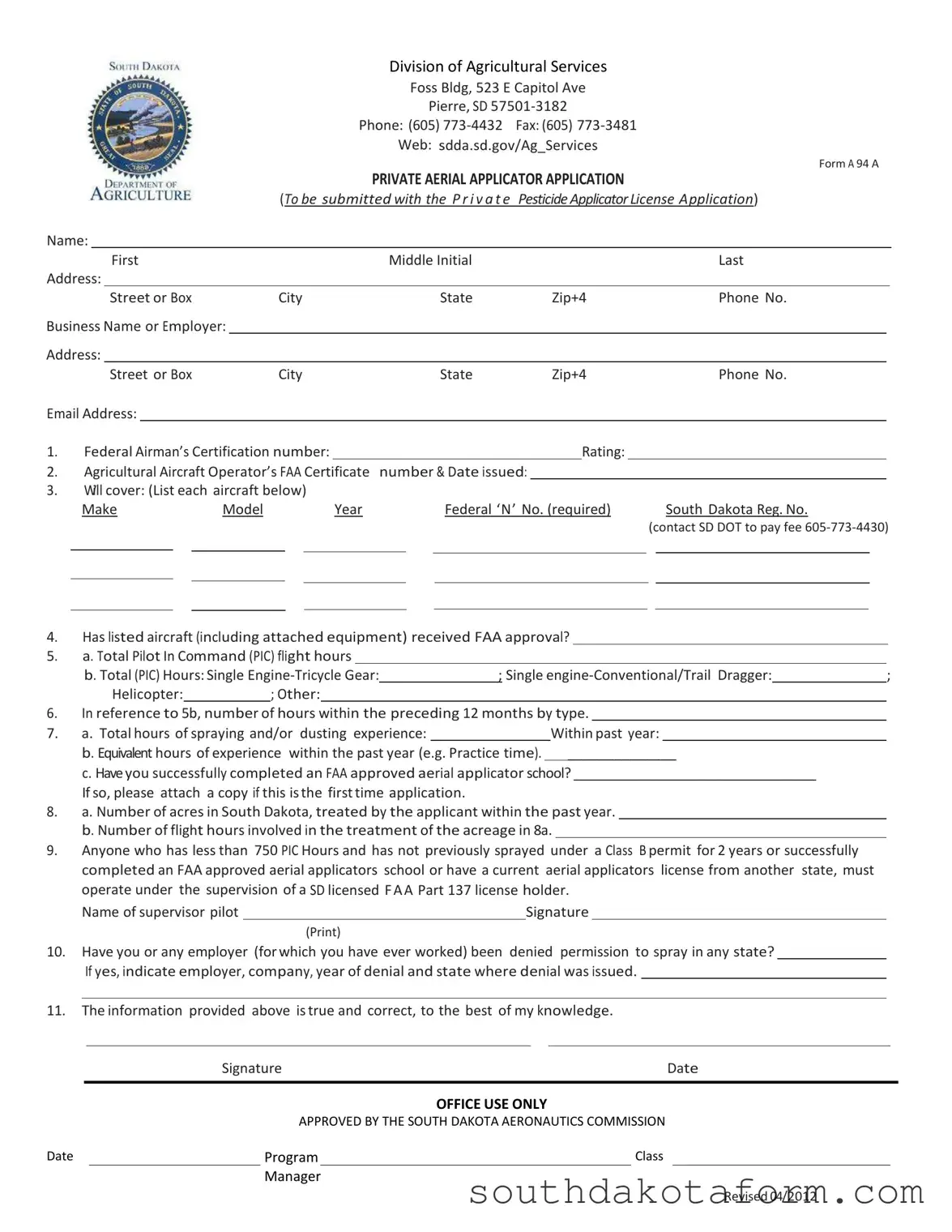 Fill Out a Valid South Dakota A 94 A Template
