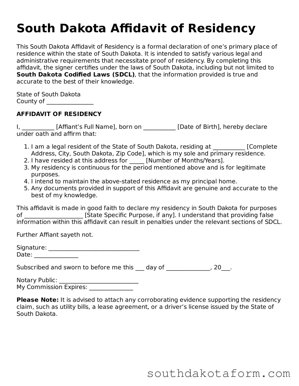 Blank Affidavit of Residency Form for the State of South Dakota