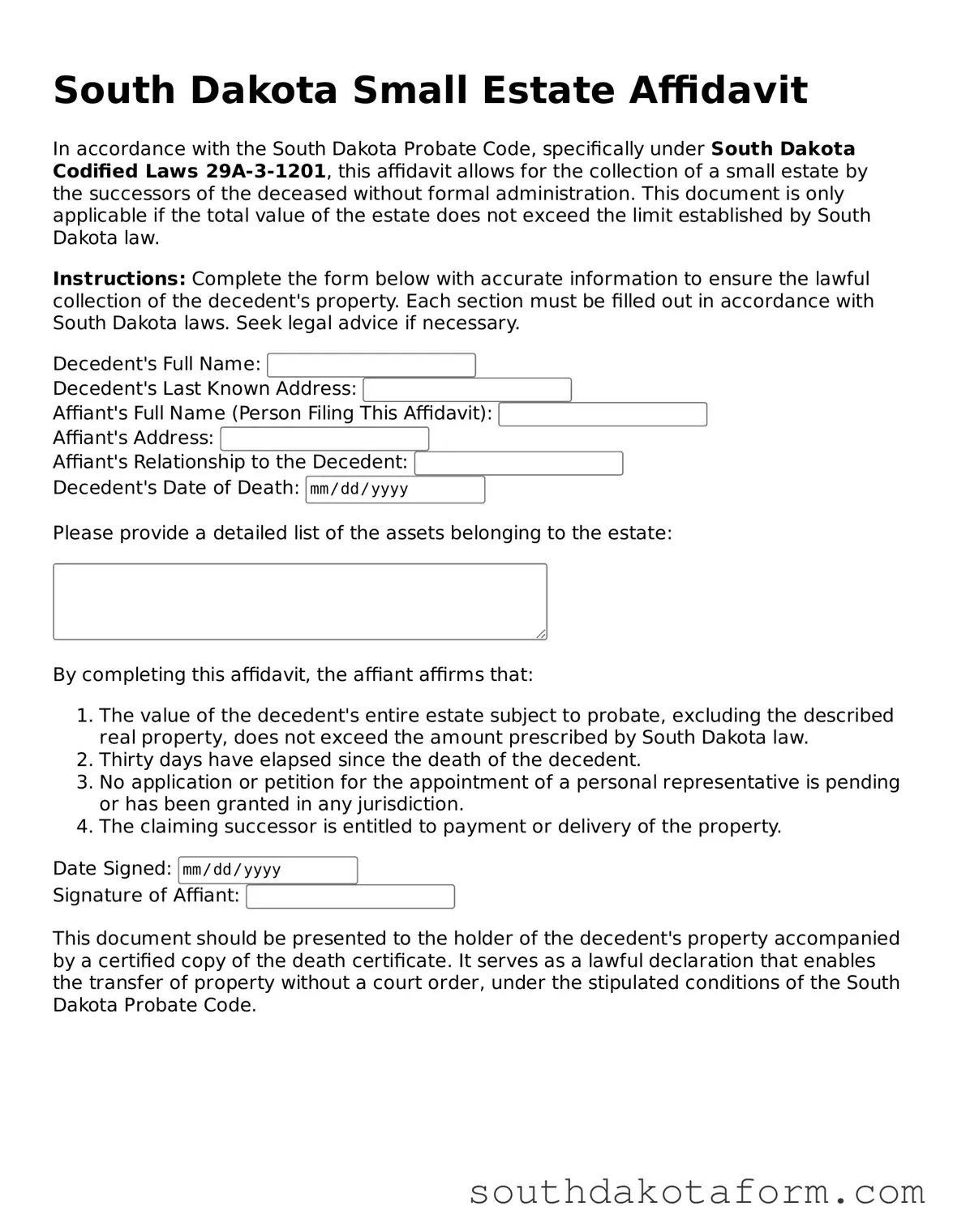 Blank Small Estate Affidavit Form for the State of South Dakota