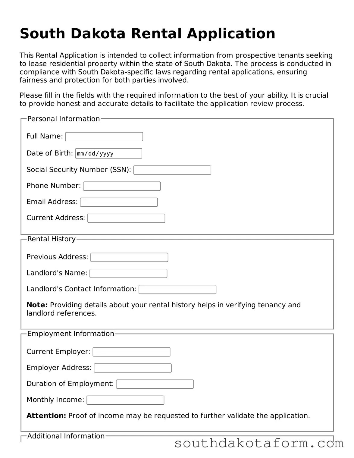 Blank Rental Application Form for the State of South Dakota