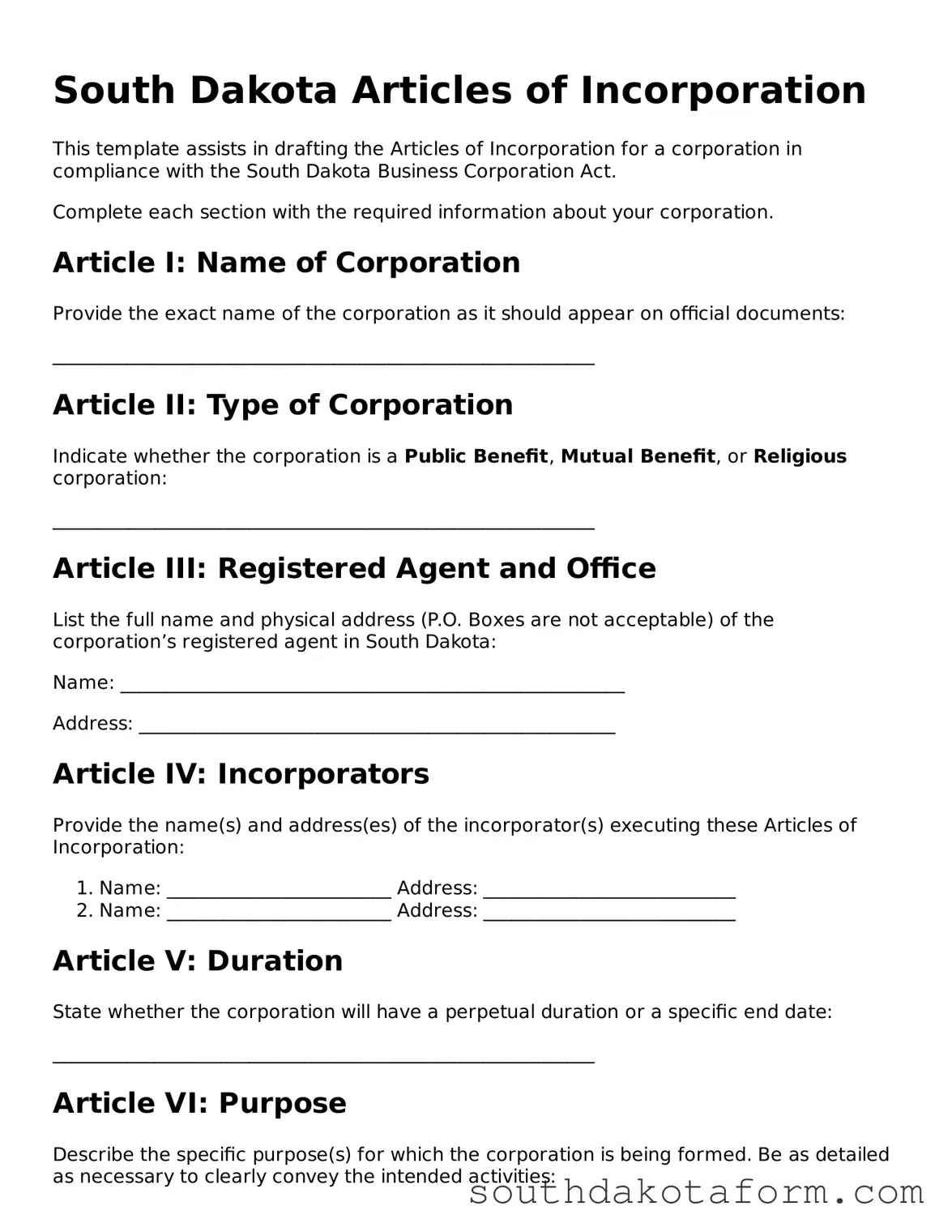 Blank Articles of Incorporation Form for the State of South Dakota