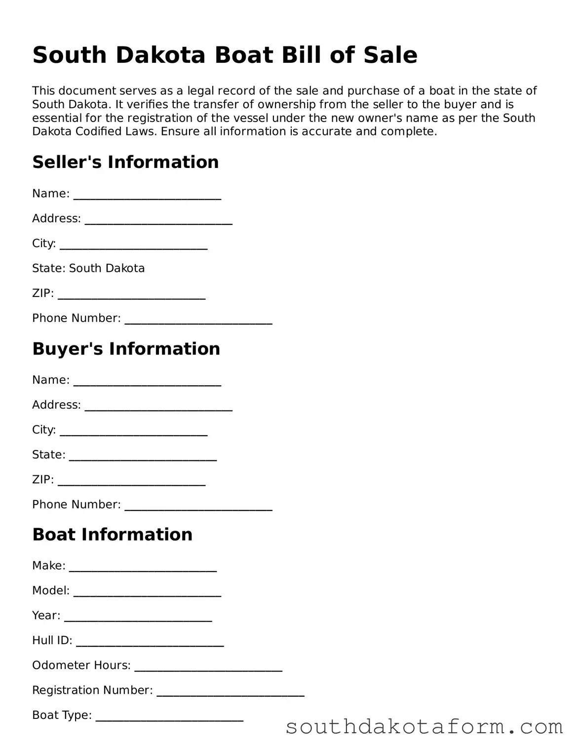 Blank Boat Bill of Sale Form for the State of South Dakota