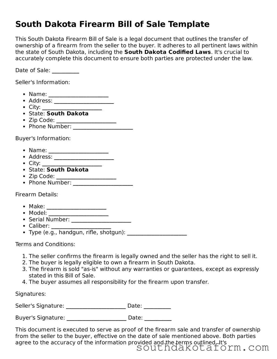 Blank Firearm Bill of Sale Form for the State of South Dakota
