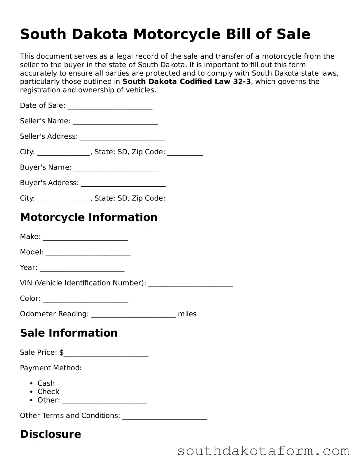 Blank Motorcycle Bill of Sale Form for the State of South Dakota