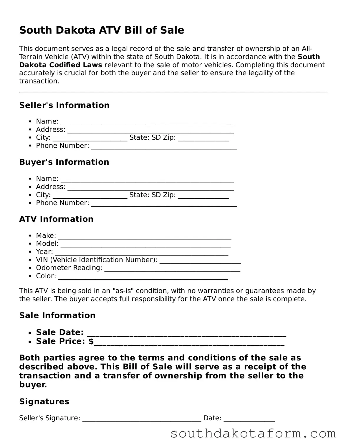 Blank ATV Bill of Sale Form for the State of South Dakota