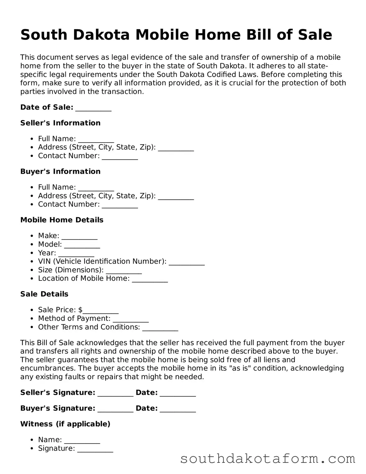 Blank Mobile Home Bill of Sale Form for the State of South Dakota