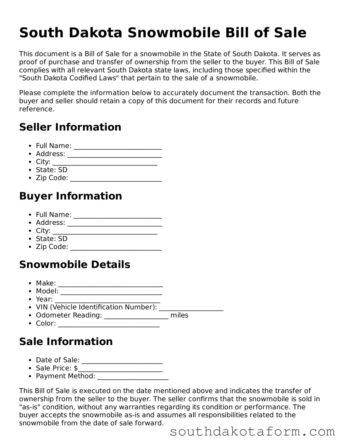 Blank Snowmobile Bill of Sale Form for the State of South Dakota