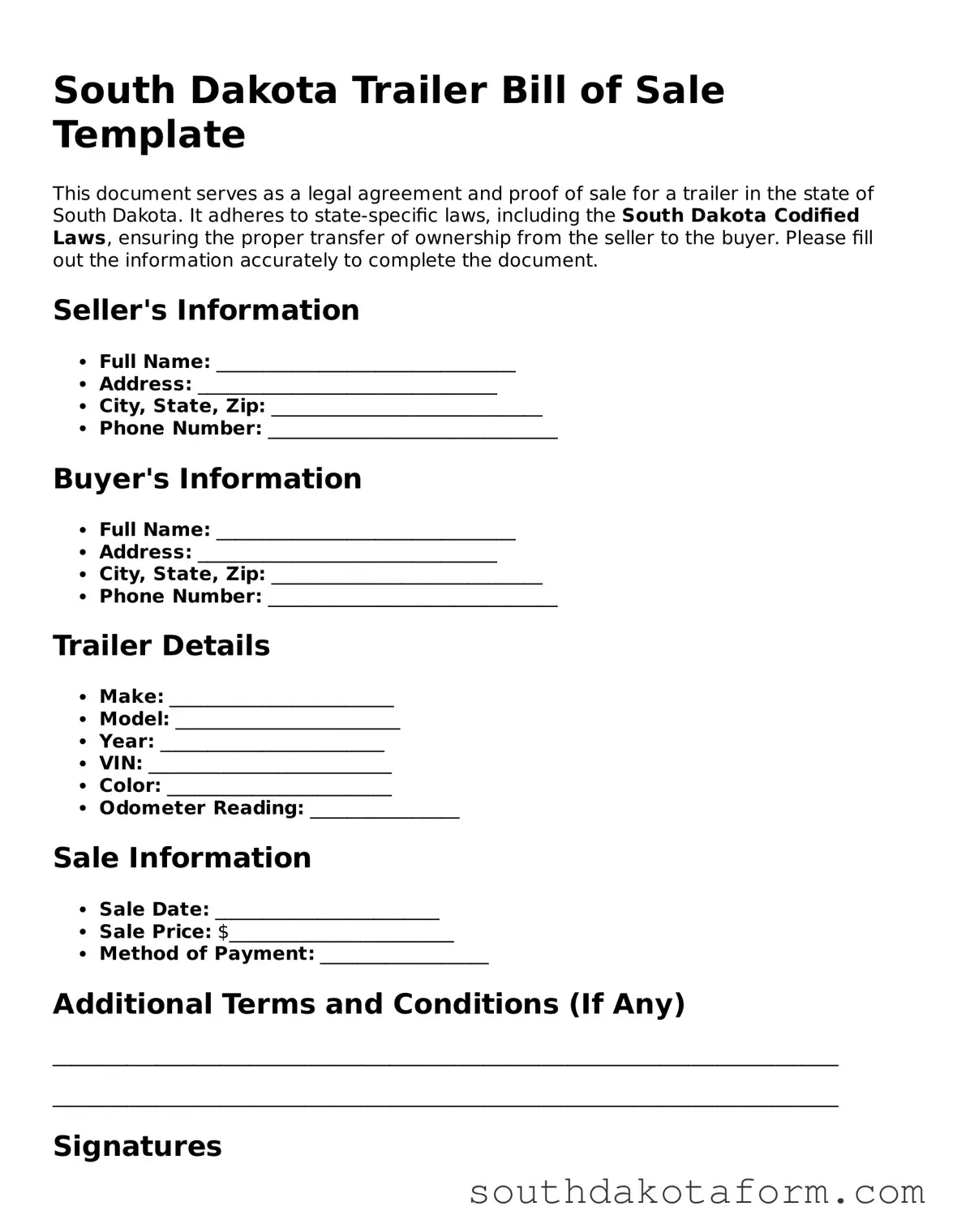 Blank Trailer Bill of Sale Form for the State of South Dakota