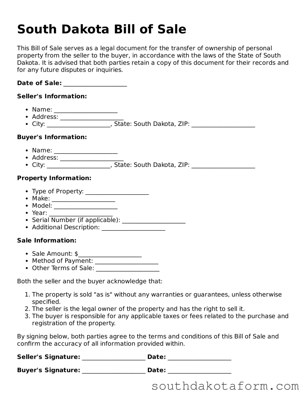Blank Bill of Sale Form for the State of South Dakota