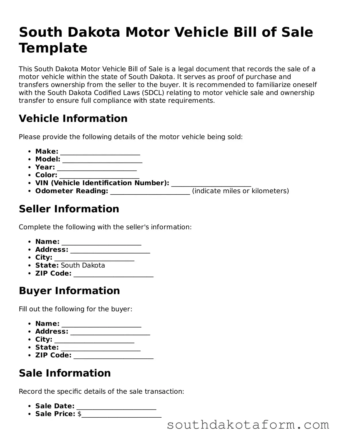 Blank Motor Vehicle Bill of Sale Form for the State of South Dakota