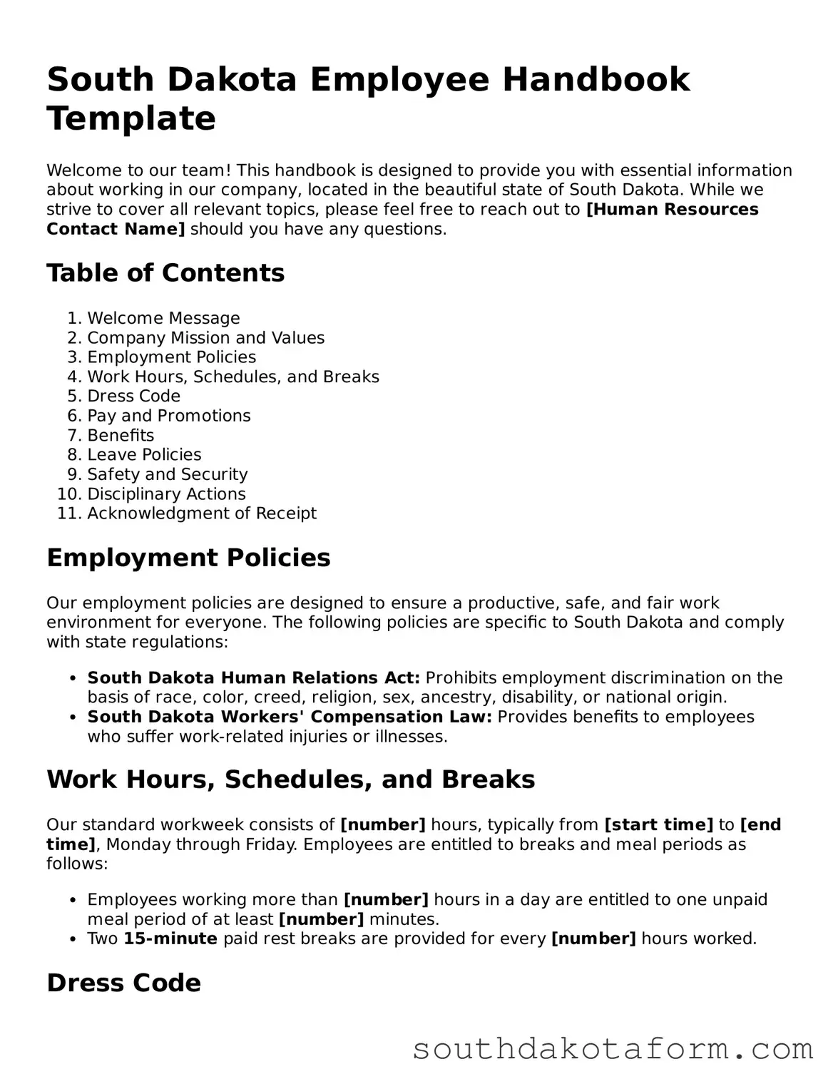 Blank Employee Handbook Form for the State of South Dakota