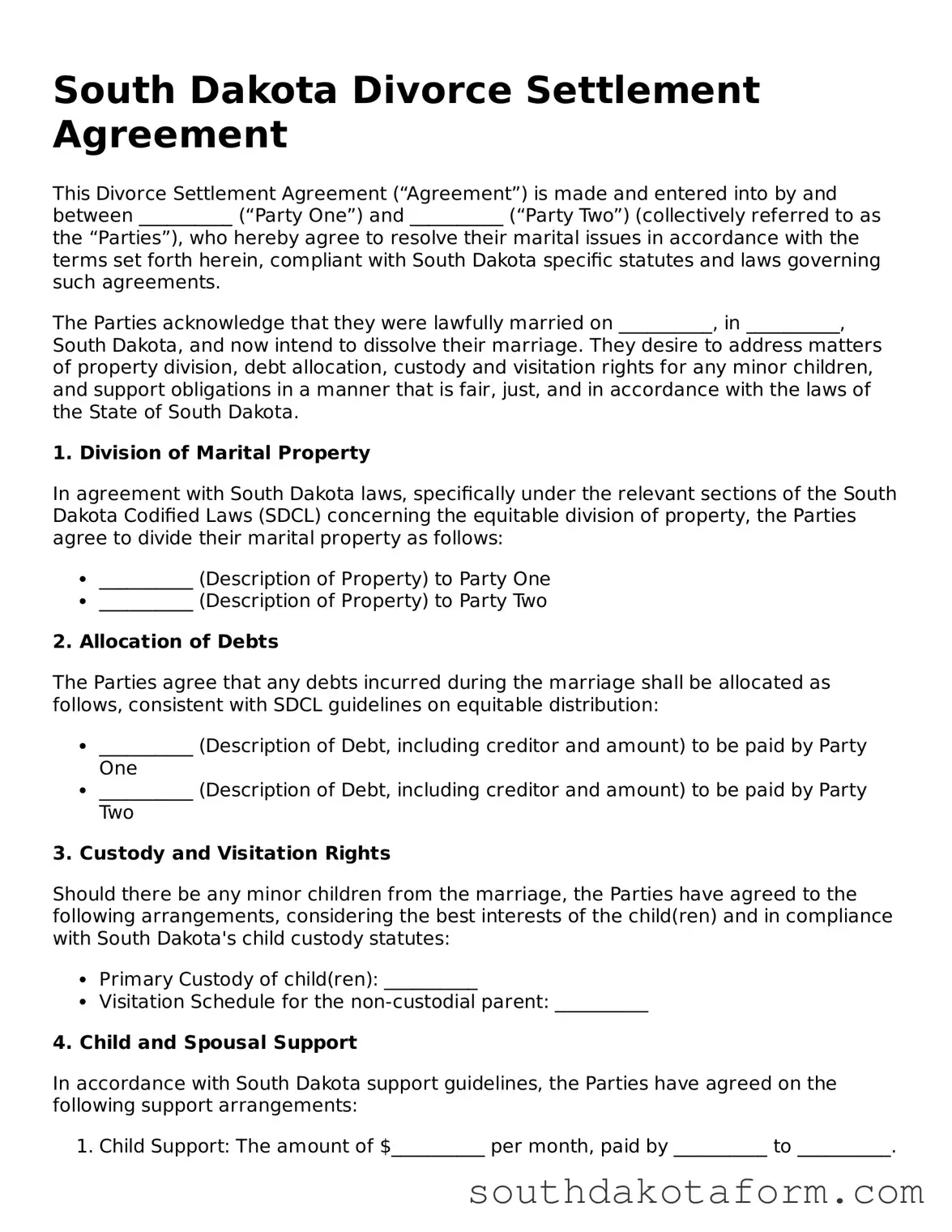 Blank Divorce Settlement Agreement Form for the State of South Dakota
