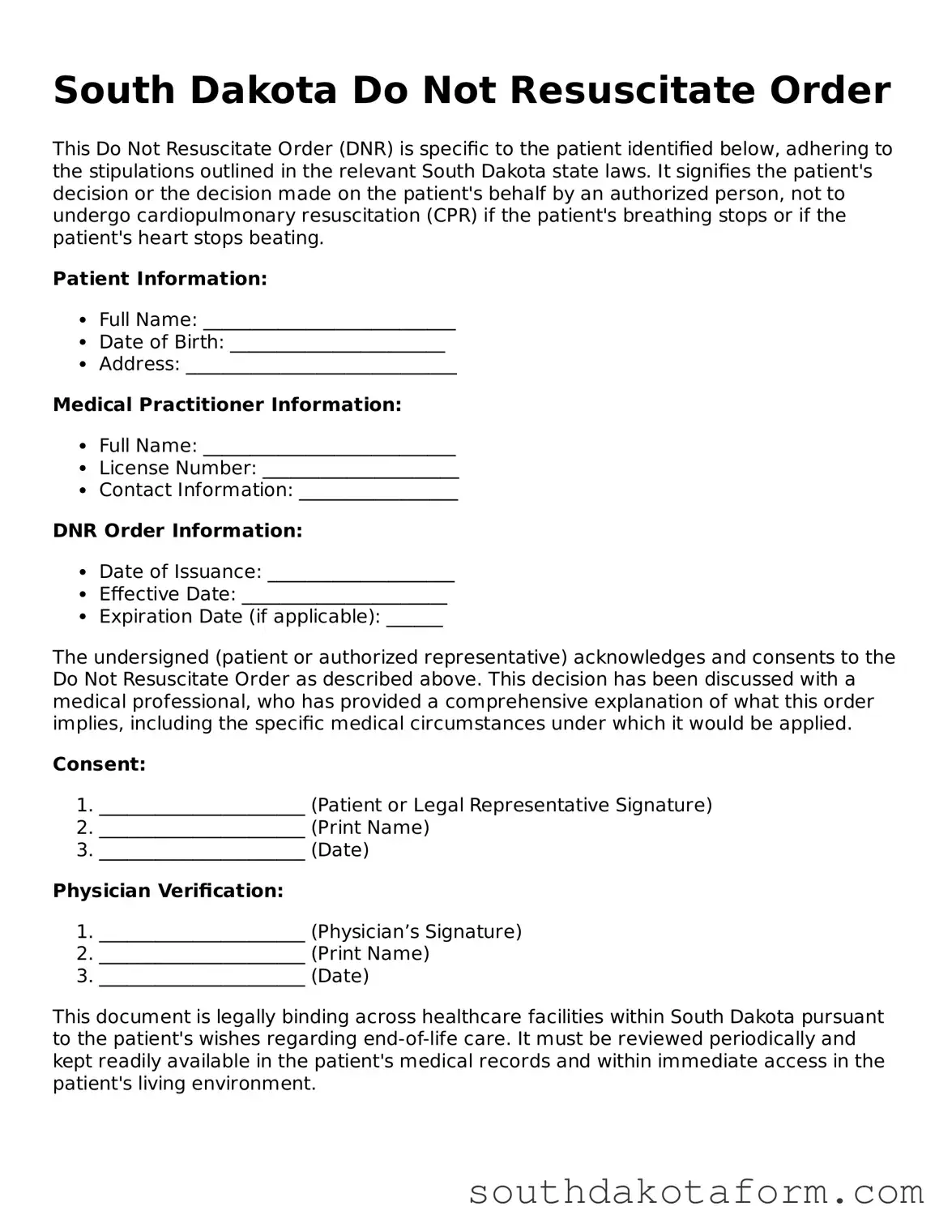 Blank Do Not Resuscitate Order Form for the State of South Dakota