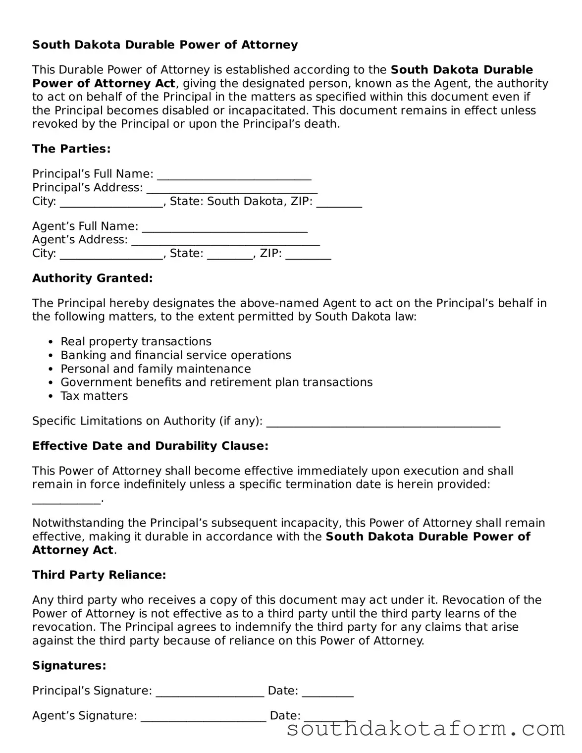Blank Durable Power of Attorney Form for the State of South Dakota