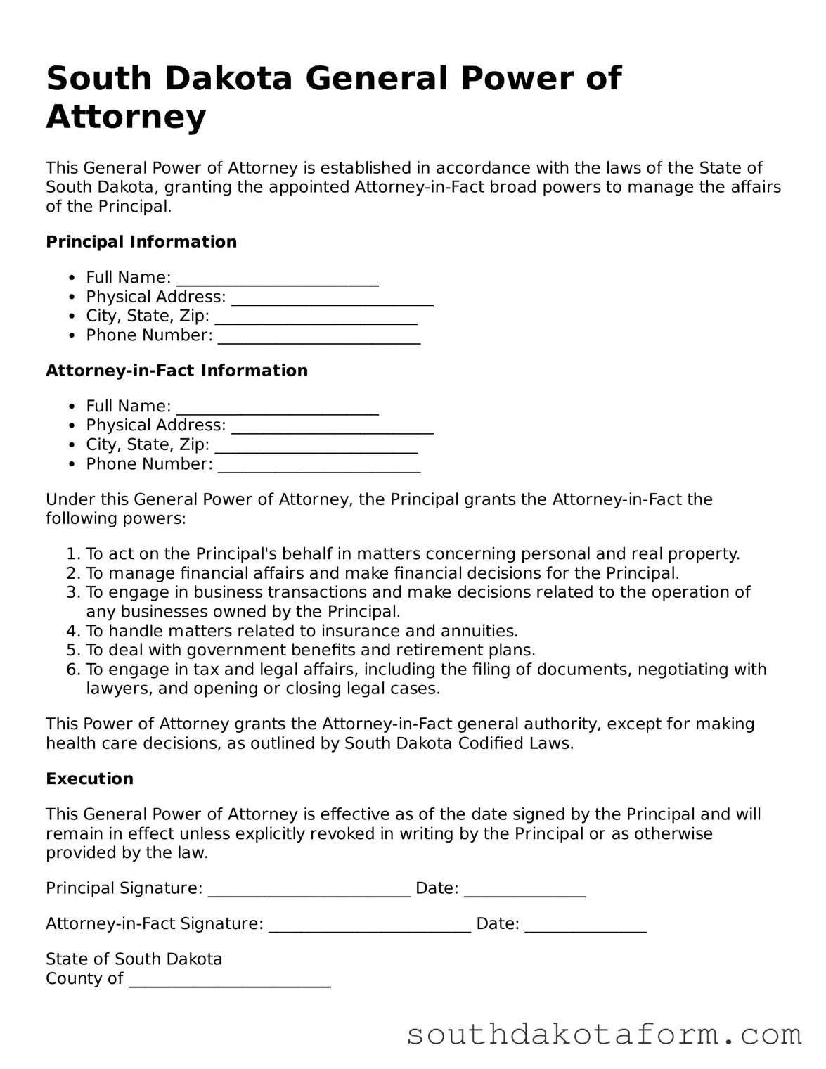 Blank General Power of Attorney Form for the State of South Dakota