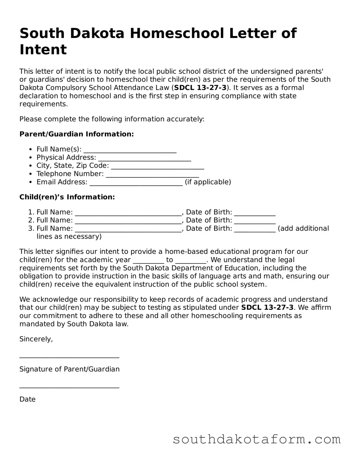 Blank Homeschool Letter of Intent Form for the State of South Dakota