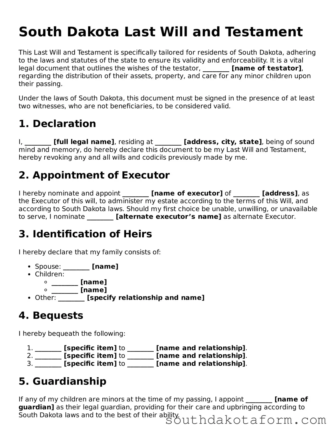 Blank Last Will and Testament Form for the State of South Dakota