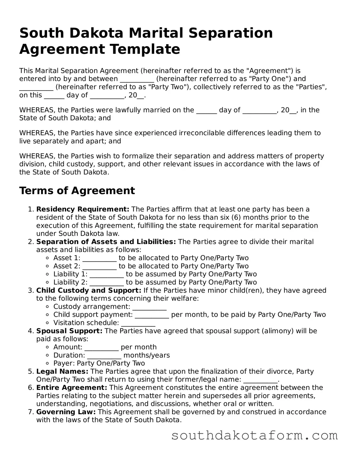 Blank Marital Separation Agreement Form for the State of South Dakota