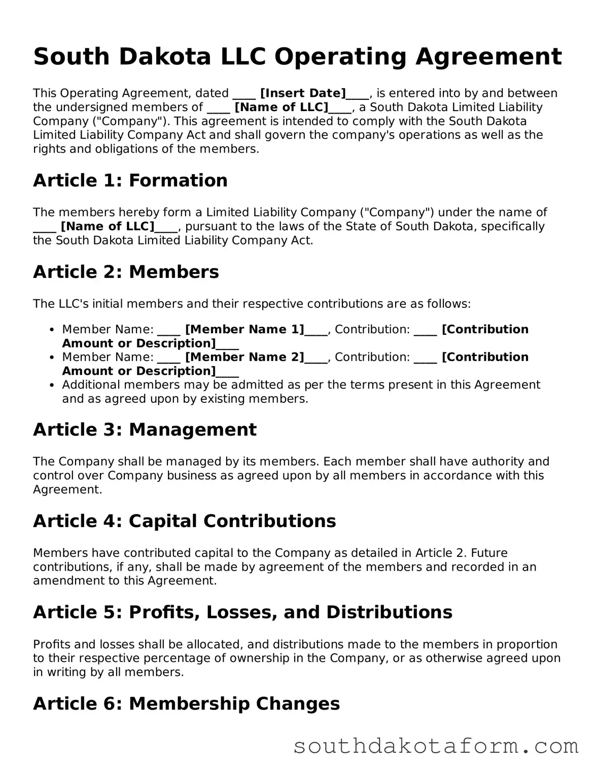 Blank Operating Agreement Form for the State of South Dakota