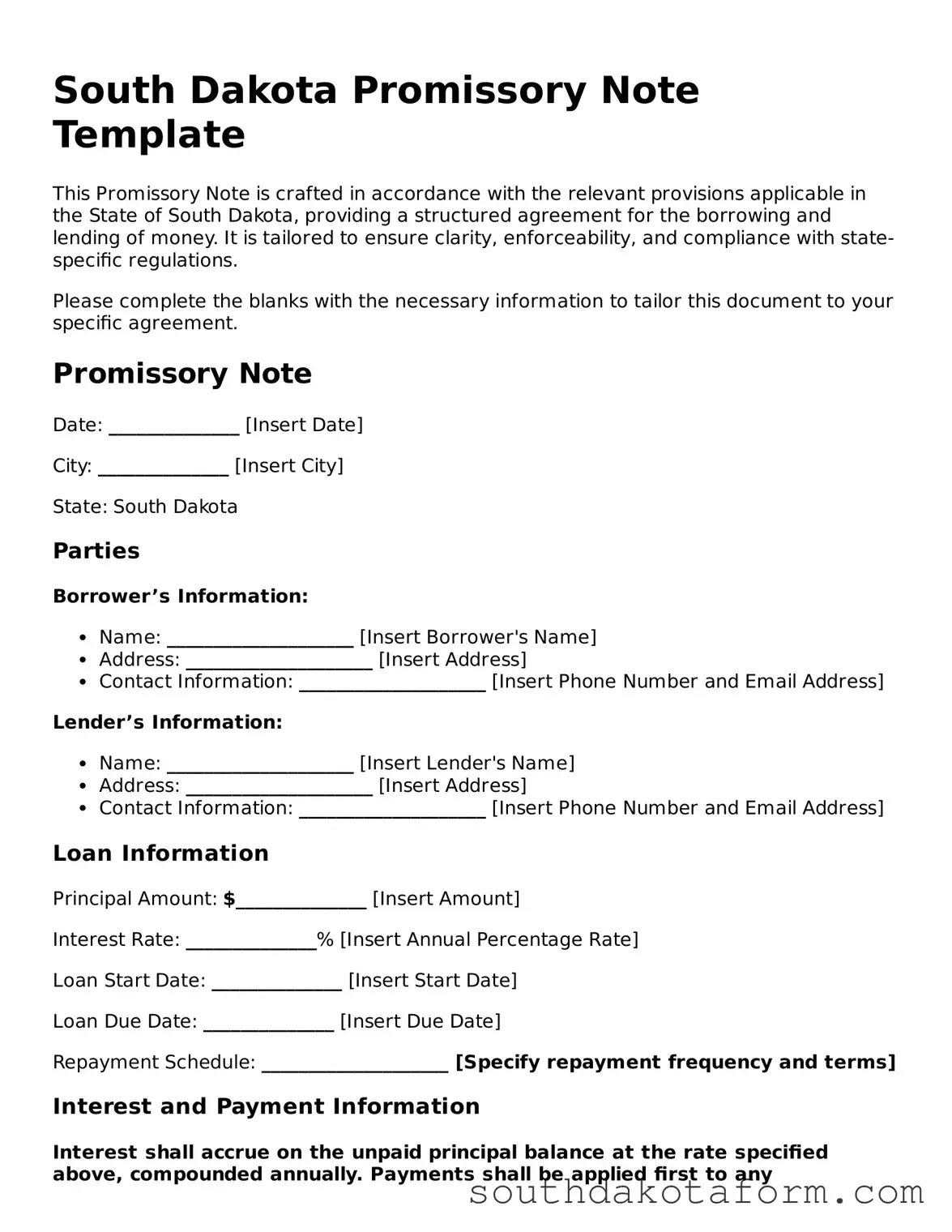 Blank Promissory Note Form for the State of South Dakota
