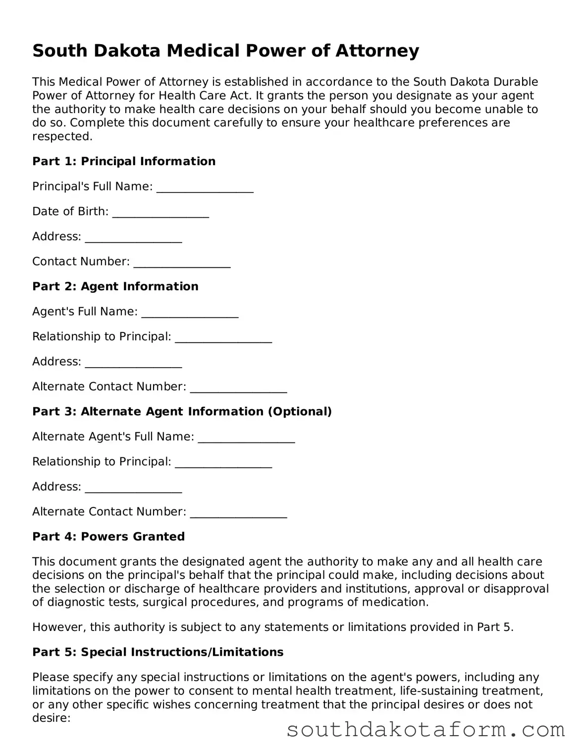 Blank Medical Power of Attorney Form for the State of South Dakota
