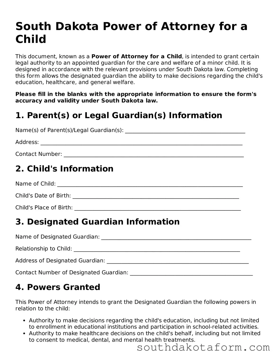 Blank Power of Attorney for a Child Form for the State of South Dakota