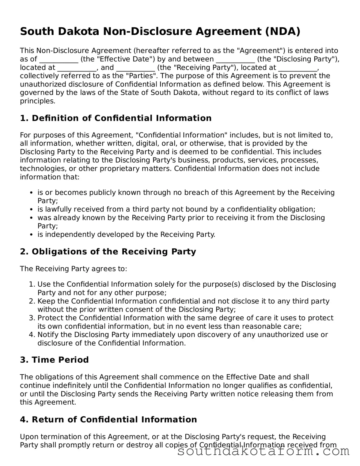 Blank Non-disclosure Agreement Form for the State of South Dakota