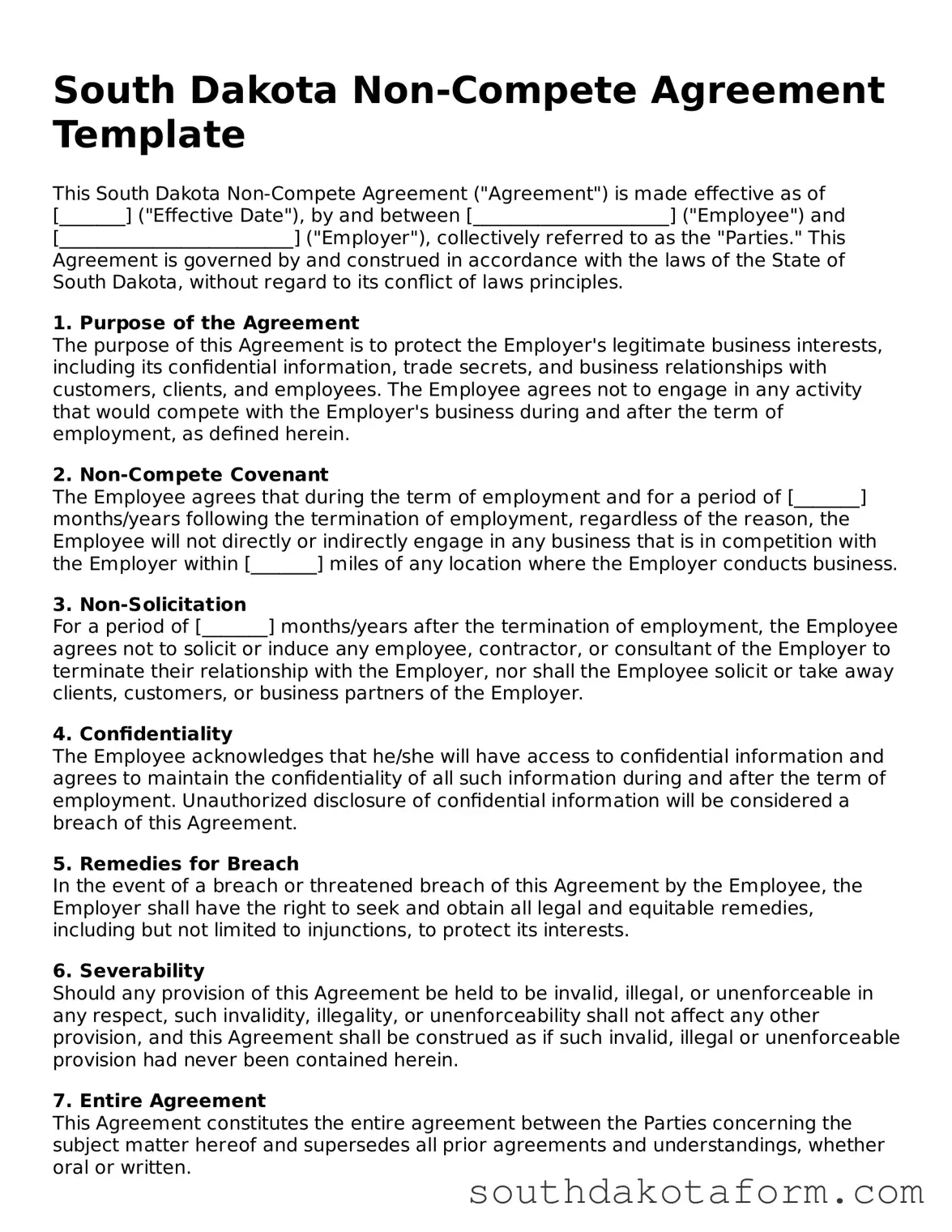 Blank Non-compete Agreement Form for the State of South Dakota