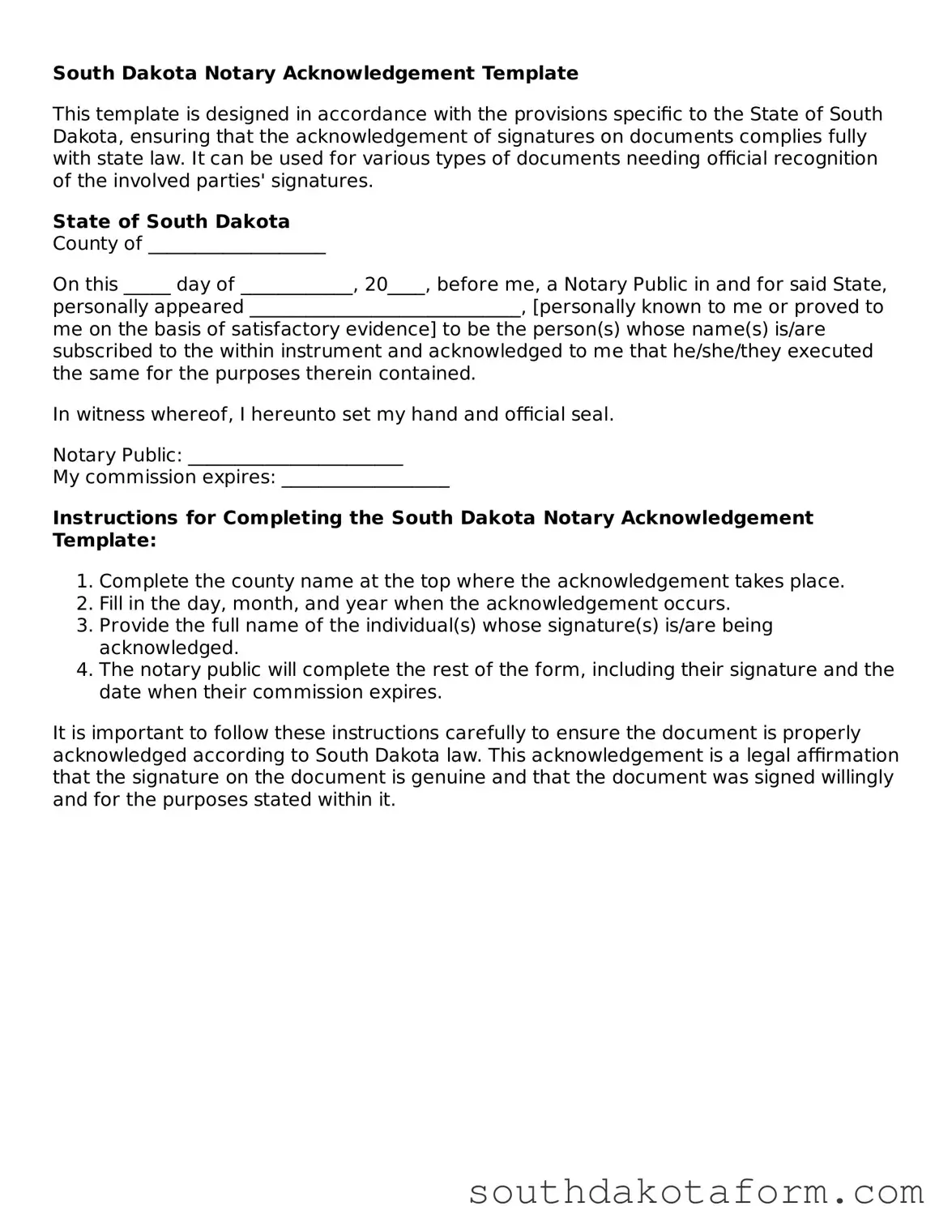 Blank Notary Acknowledgement Form for the State of South Dakota
