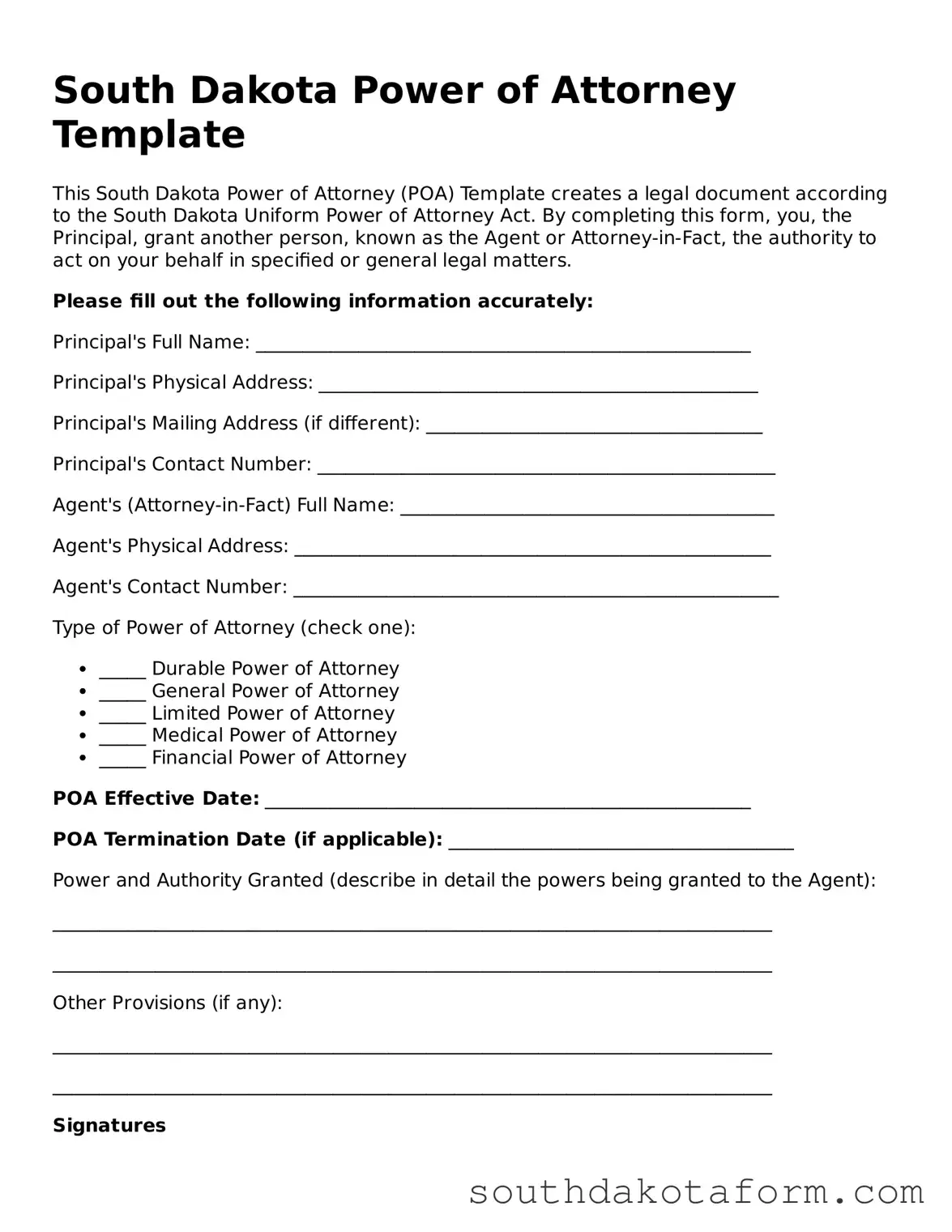 Blank Power of Attorney Form for the State of South Dakota