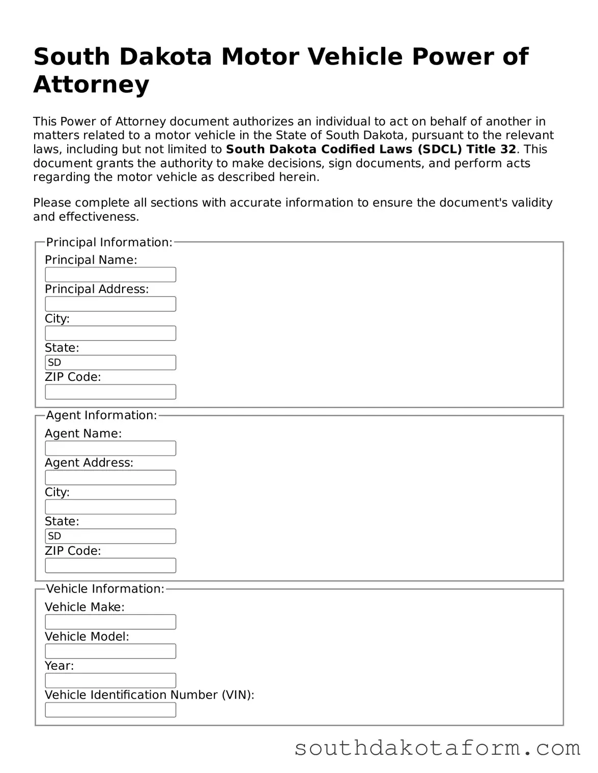 Blank Motor Vehicle Power of Attorney Form for the State of South Dakota