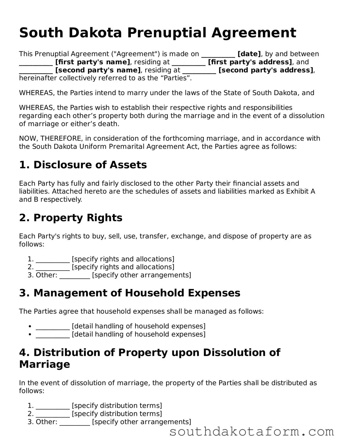 Blank Prenuptial Agreement Form for the State of South Dakota