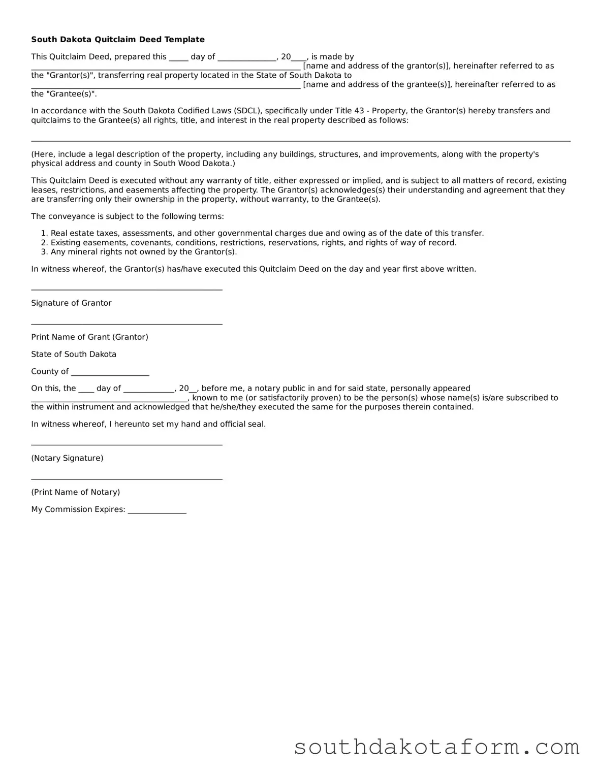 Blank Quitclaim Deed Form for the State of South Dakota