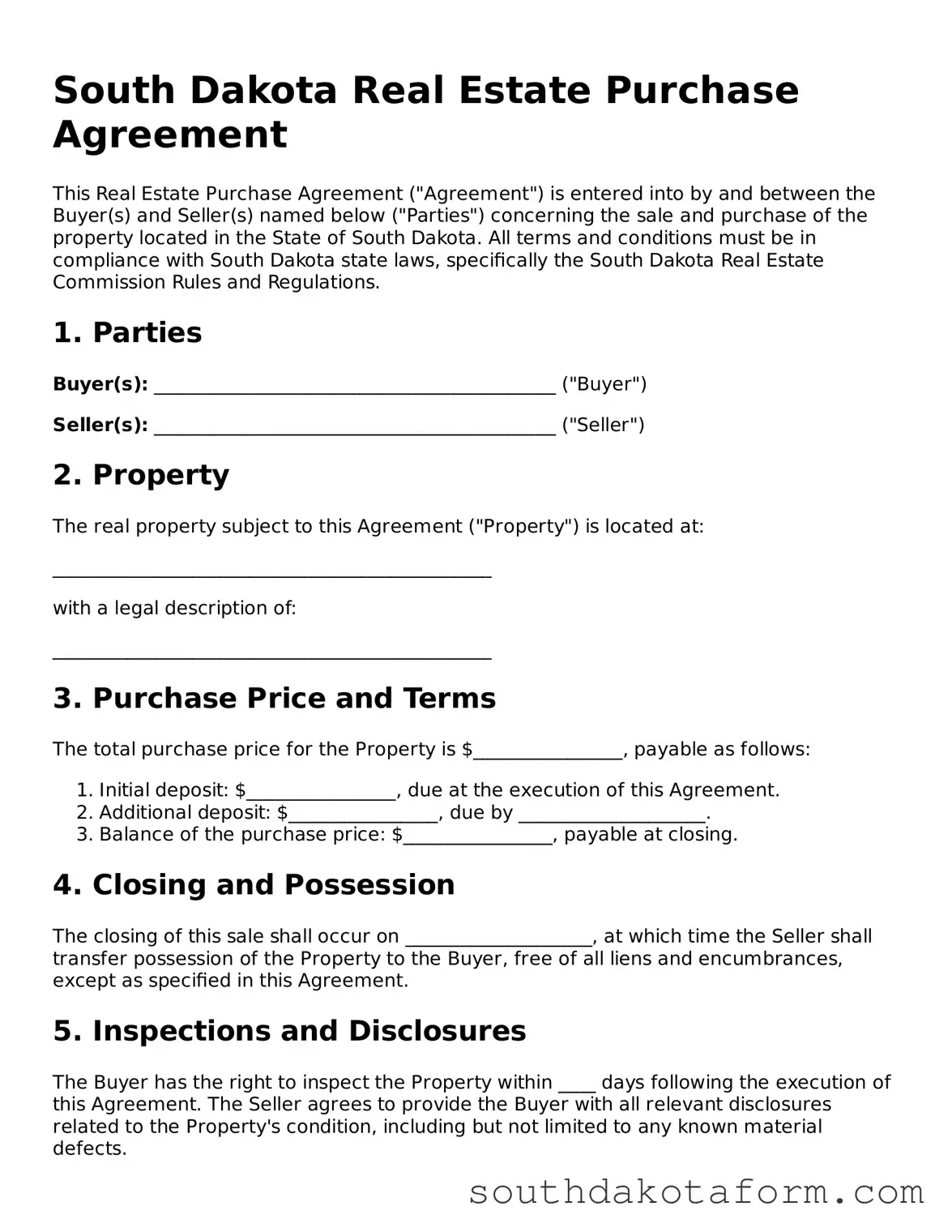 Blank Real Estate Purchase Agreement Form for the State of South Dakota