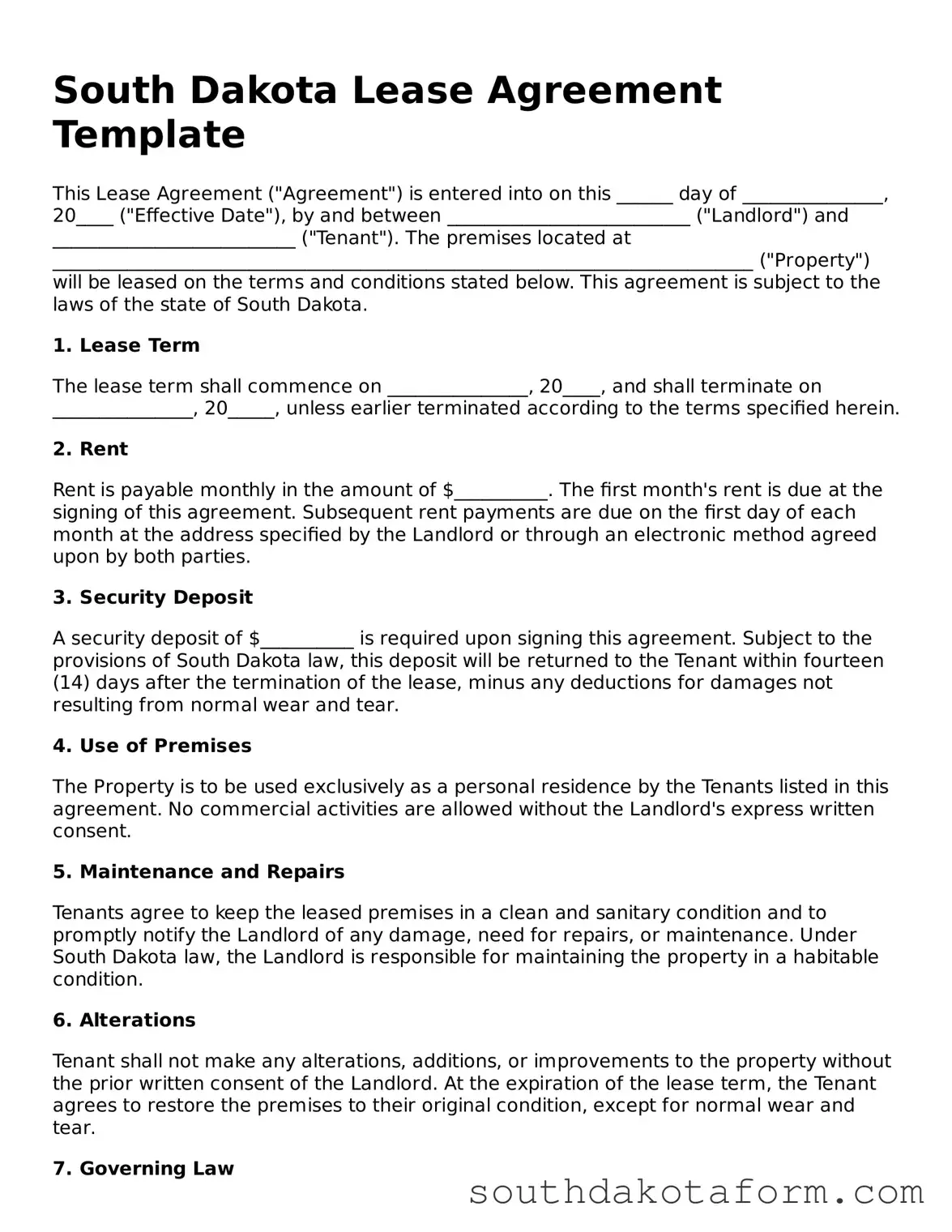 Blank Lease Agreement Form for the State of South Dakota