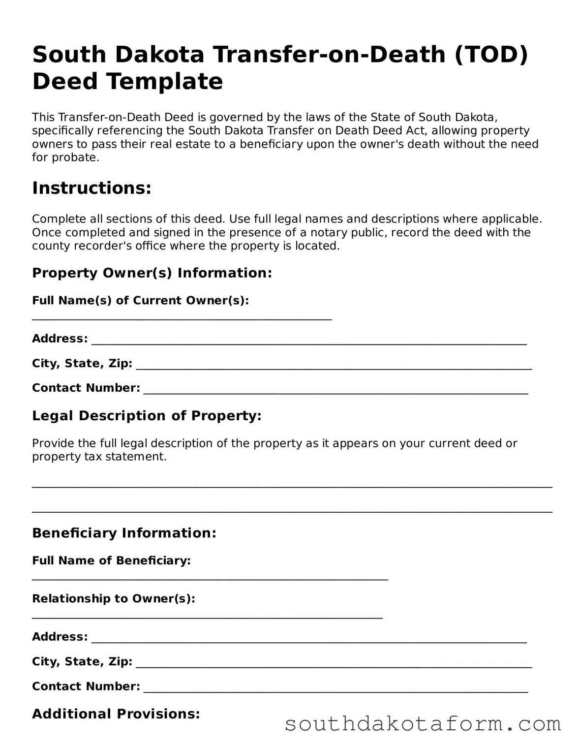 Blank Transfer-on-Death Deed Form for the State of South Dakota