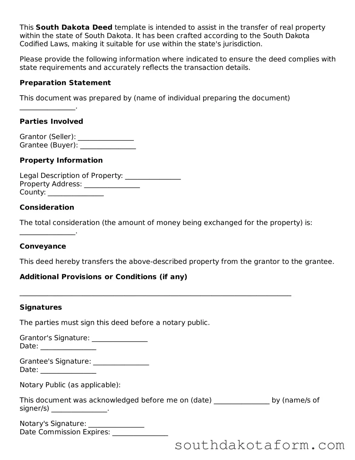 Blank Deed Form for the State of South Dakota